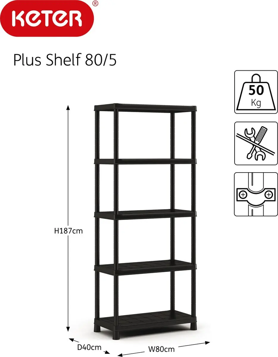 Keter Stellingkast Plus 80/5 - 5 Planken 80x40x187cm - Zwart - afbeelding 6 van 6