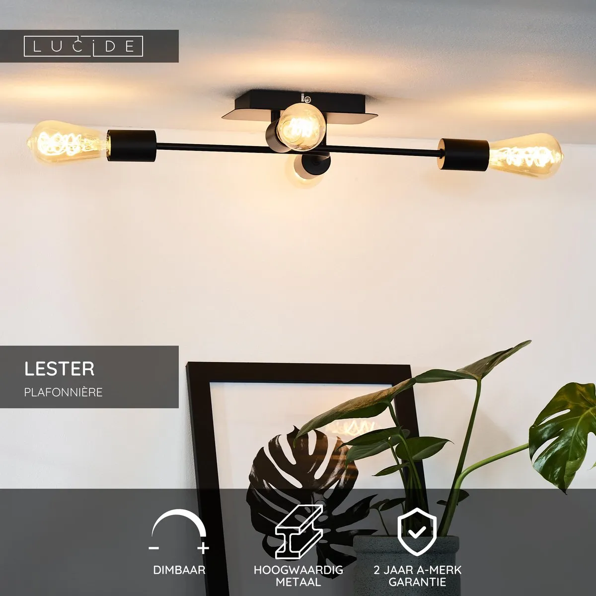 Lucide Lester Plafondlamp 4xE27 - Zwart