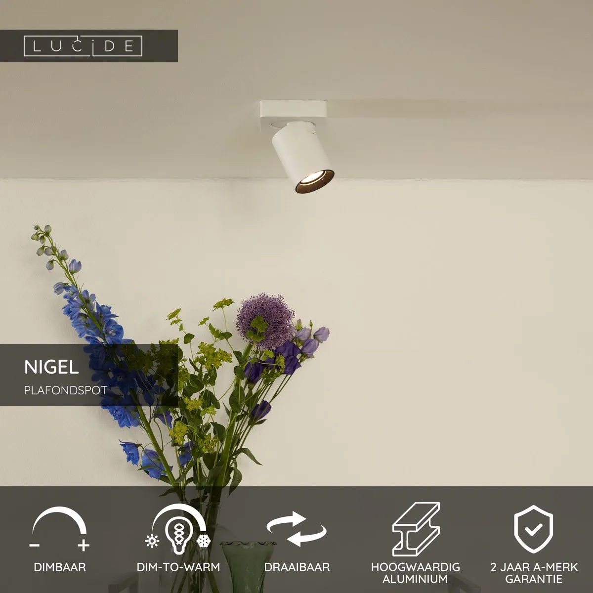 Lucide Nigel Plafondspot LED Dim-to-Warm GU10 5W - Wit