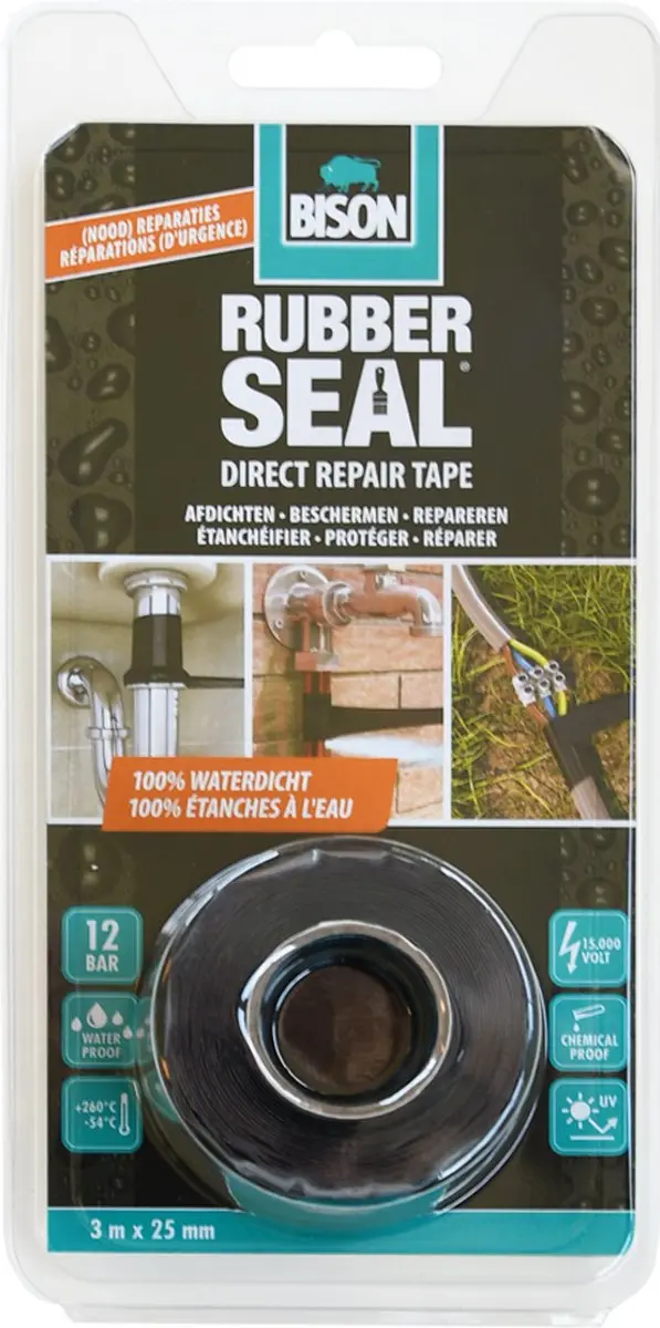 Bison Rubber Seal Direct Repair Tape 3m x 25mm - Meerkleurig