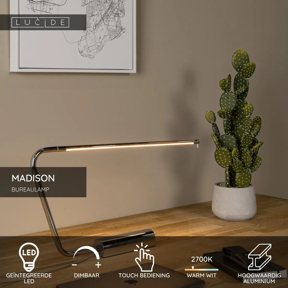 Lucide MADISON - Bureaulamp - LED Dimbaar - 1x9W 2700K - Chroom