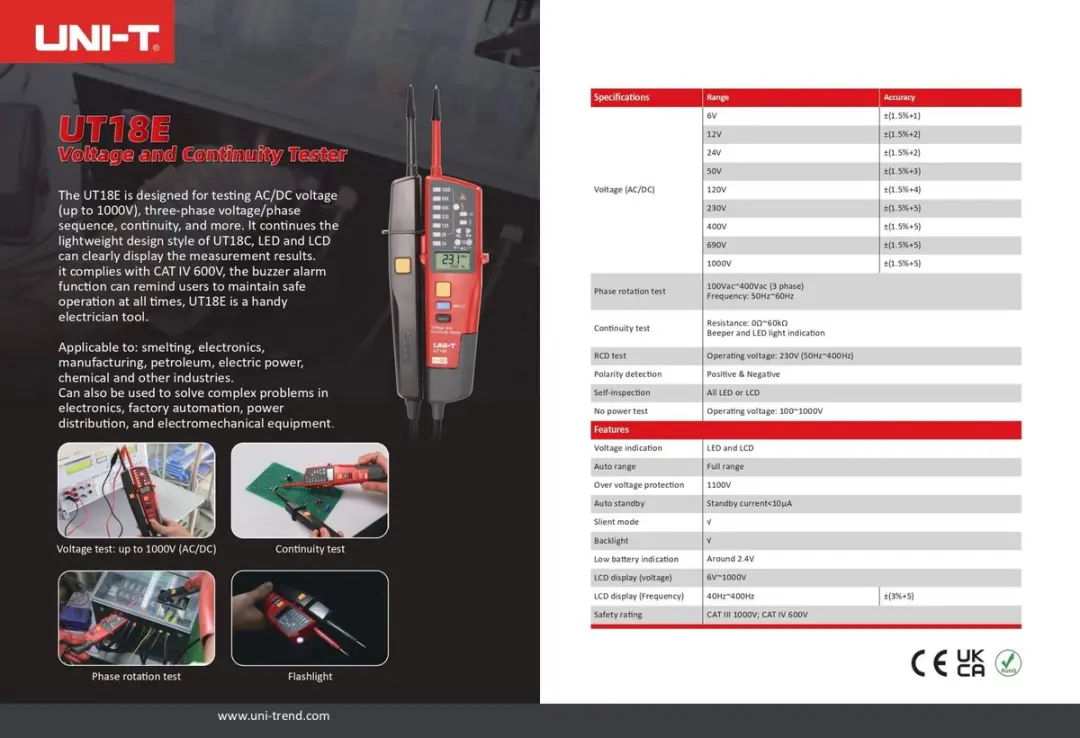 UNI-T UT18E Duspol Multimeter - 6-1000V AC/DC - Rood/Zwart