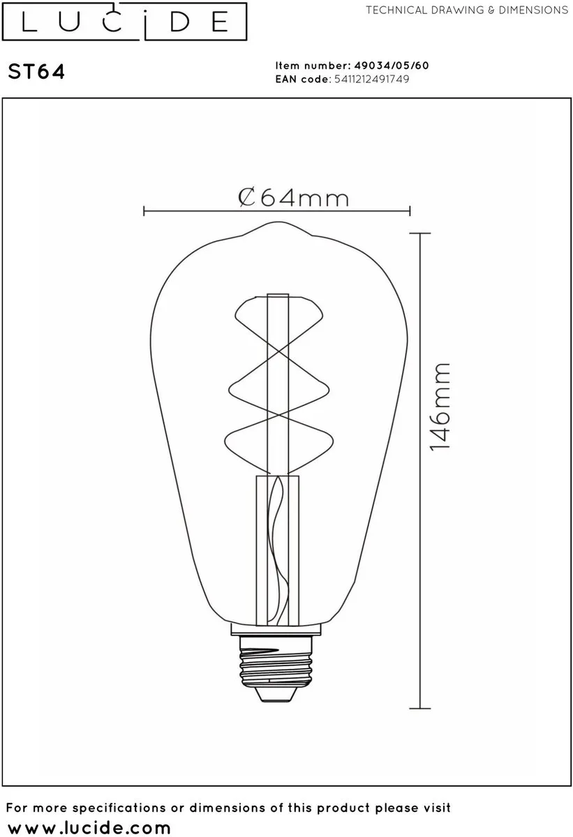 Lucide ST64 LED Filamentlamp E27 4,9W 2700K - Transparant