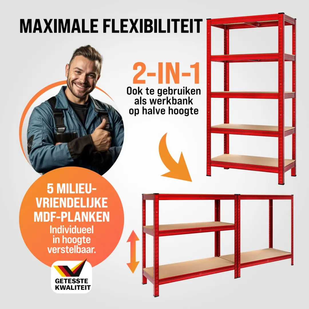 Monzana Stellingkast Metaal 5 Planken 180x90x40cm - Rood