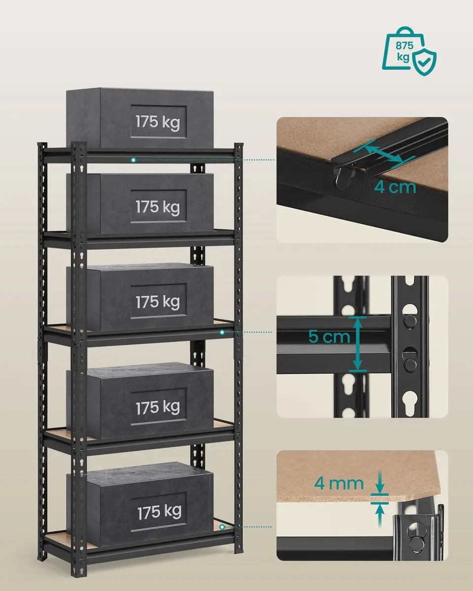 Songmics Stellingkast 2-delig 5 Planken - Max 175 kg per plank - Zwart - afbeelding 4 van 6