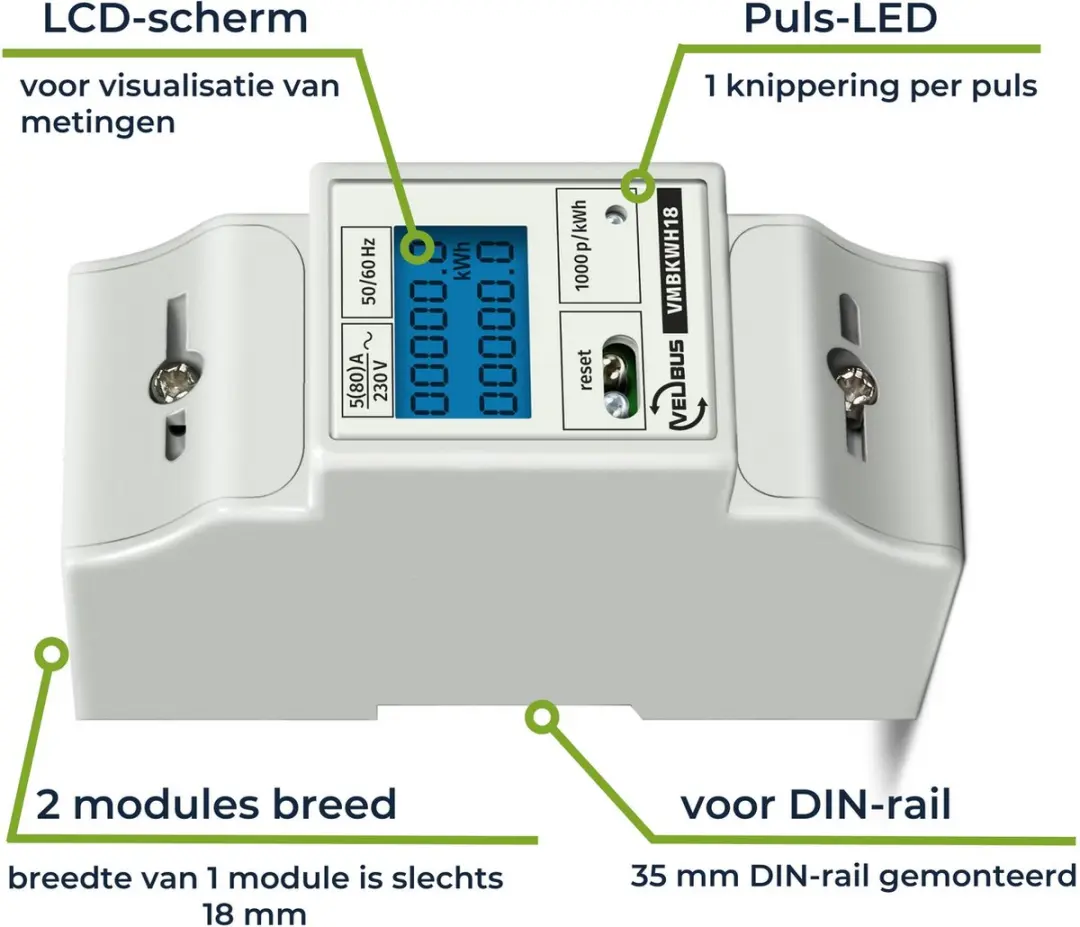 Velleman Professionele kWh-meter DIN-rail 80A - LCD met dagteller