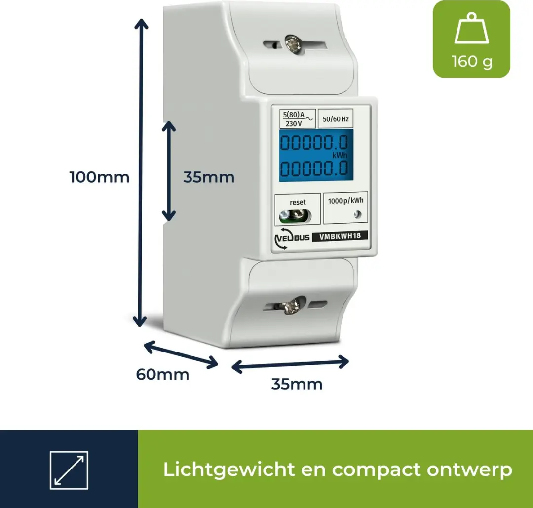 Velleman Professionele kWh-meter DIN-rail 80A - LCD met dagteller