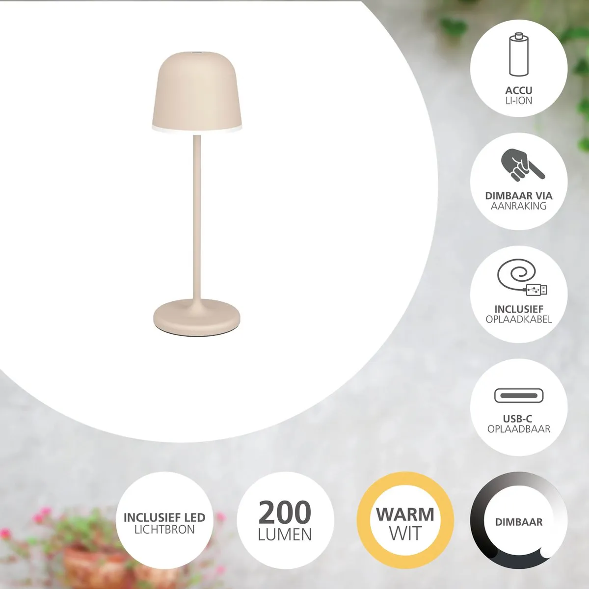 Eglo Mannera Oplaadbare Tafellamp - 34cm - Zandkleur/Wit - afbeelding 6 van 6
