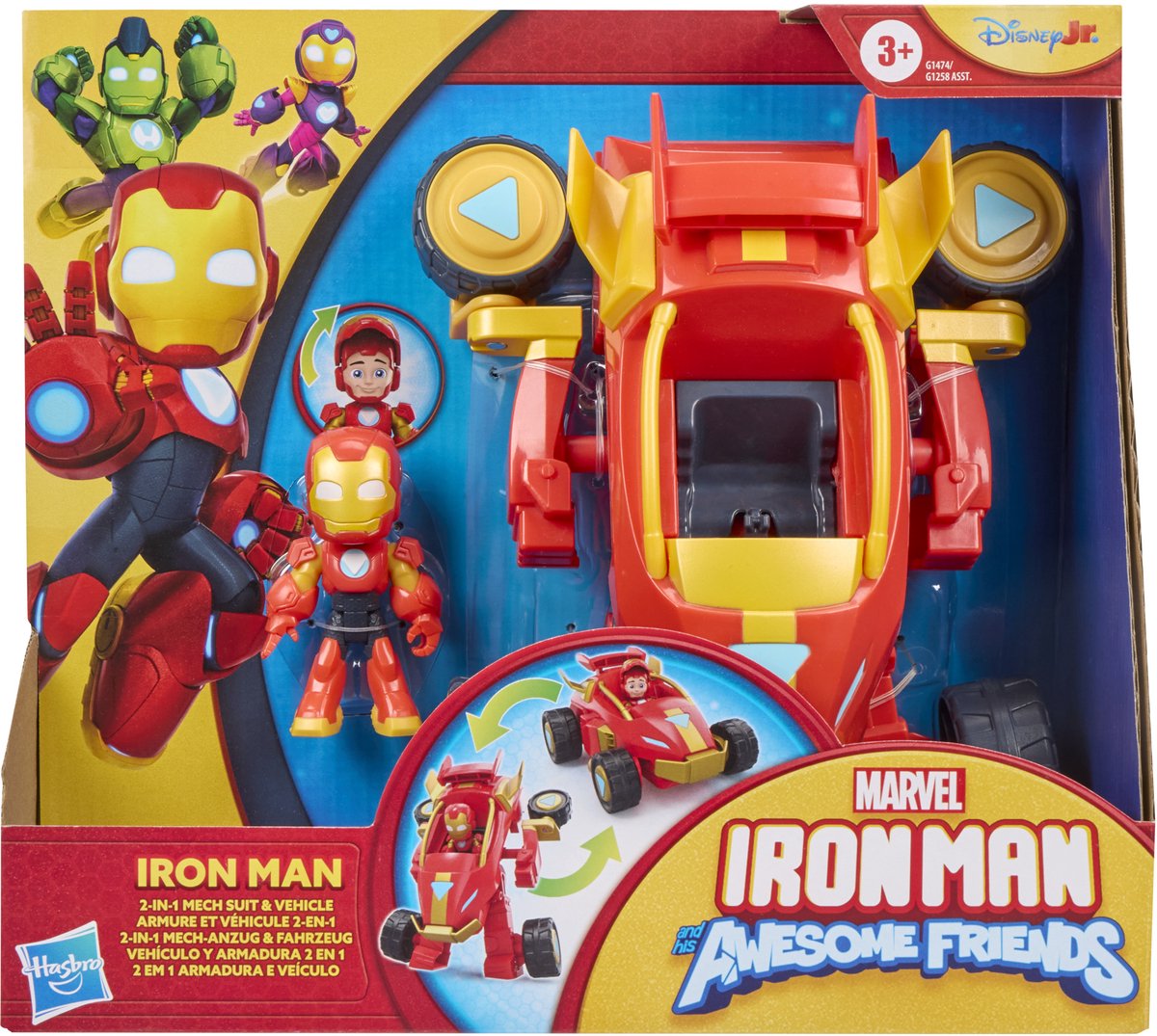 Marvel Iron Man and His Awesome Friends, 2-in-1 mech-pak en voertuig, actiefiguur en speelgoedvoertuig