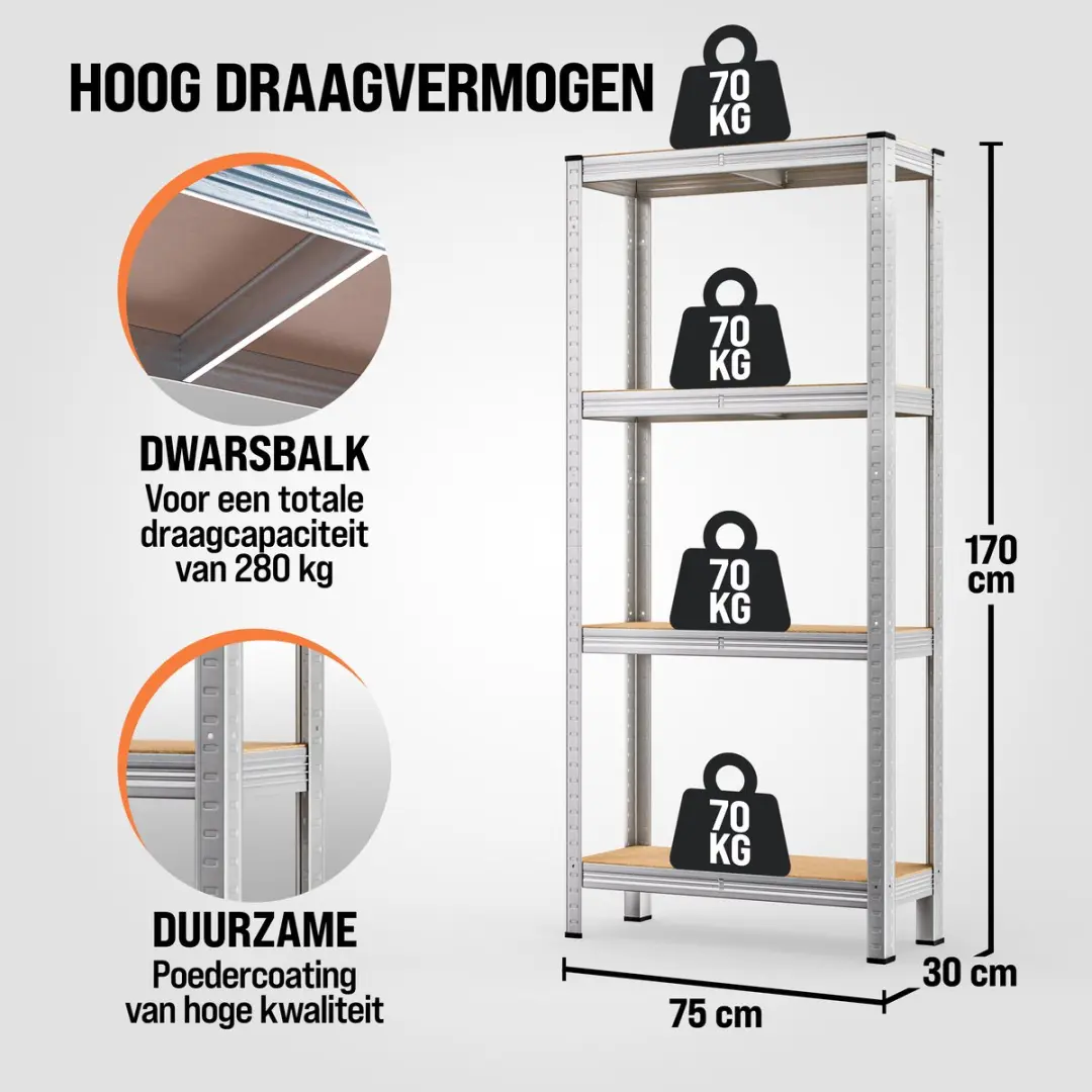 Monzana Stellingkast Set 2 - 170x75x30cm - 4 Planken - Zilver