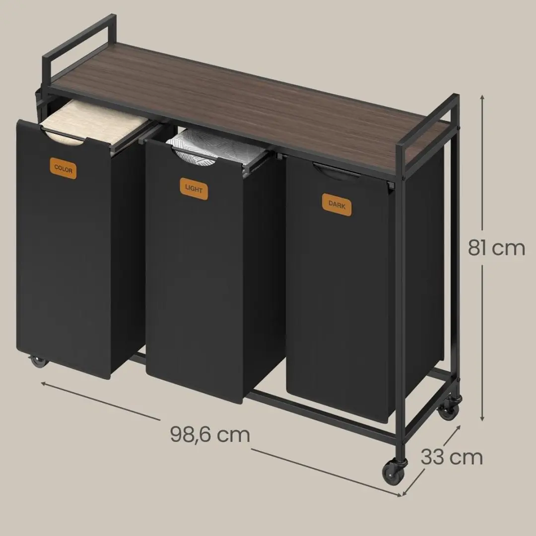 Songmics Wasmand Wassorteerder 98,6x33x81cm - Inktzwart/Asbruin - afbeelding 2 van 6