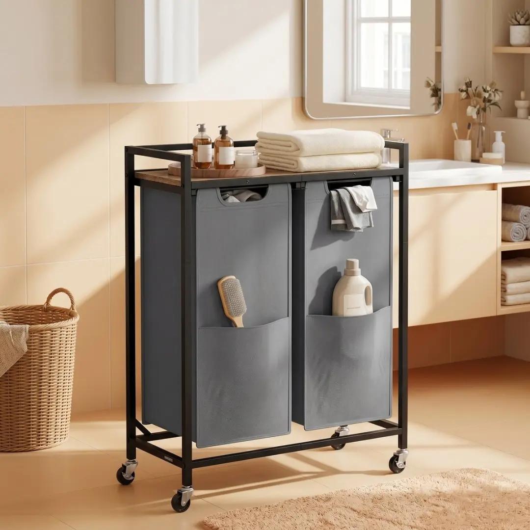 Songmics Wasmand met 2 Compartimenten Rolwagen 63x32x93cm - Zwartgrijs - afbeelding 4 van 6