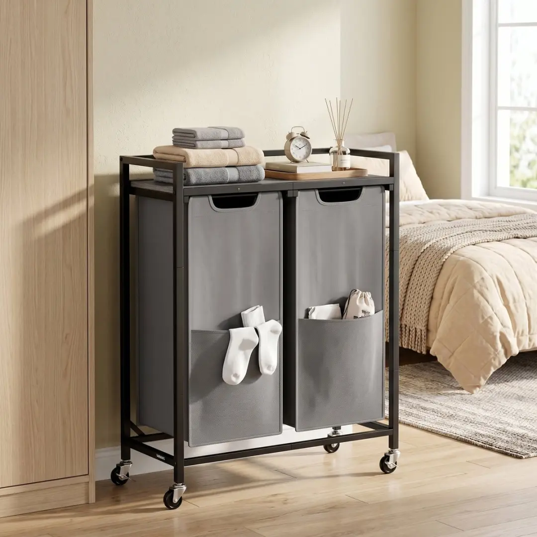Songmics Wasmand met 2 Compartimenten Rolwagen 63x32x93cm - Zwartgrijs - afbeelding 5 van 6