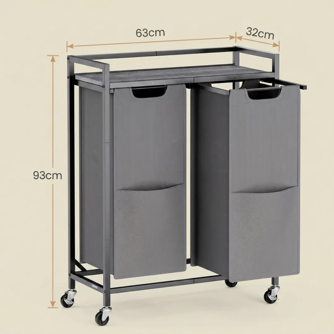 Songmics Wasmand met 2 Compartimenten Rolwagen 63x32x93cm - Zwartgrijs - afbeelding 3 van 6
