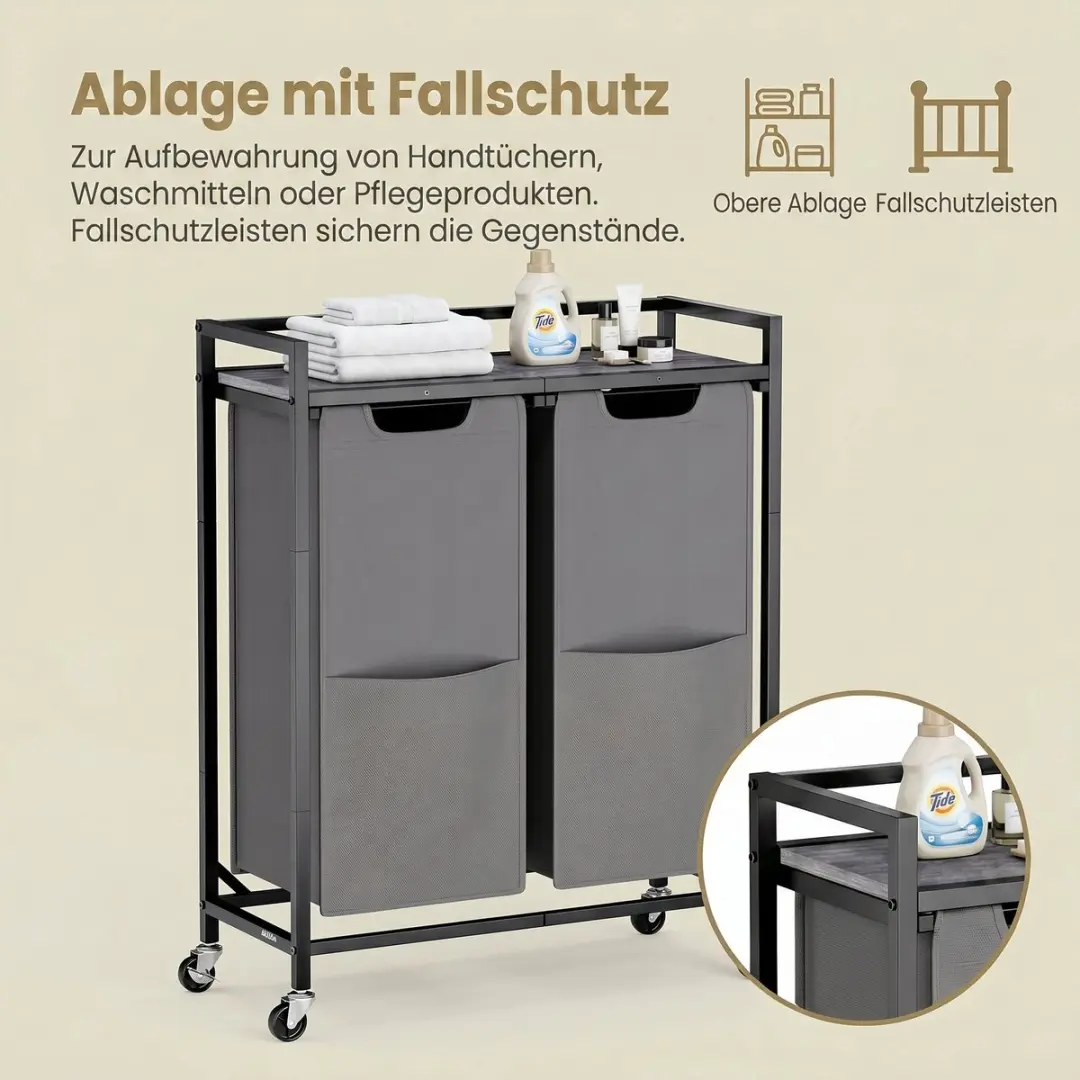 Songmics Wasmand met 2 Compartimenten Rolwagen 63x32x93cm - Zwartgrijs - afbeelding 6 van 6
