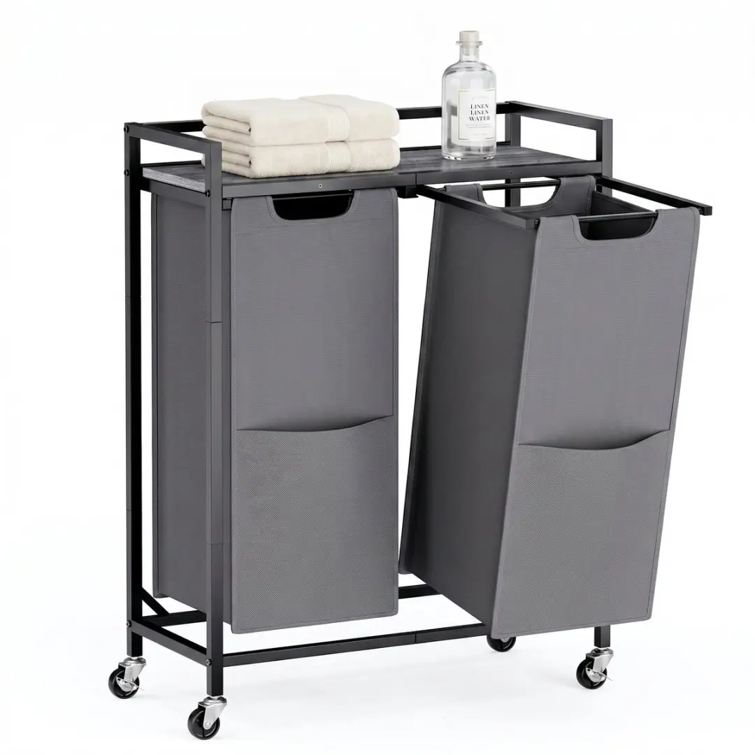 Songmics Wasmand met 2 Compartimenten Rolwagen 63x32x93cm - Zwartgrijs - afbeelding 2 van 6