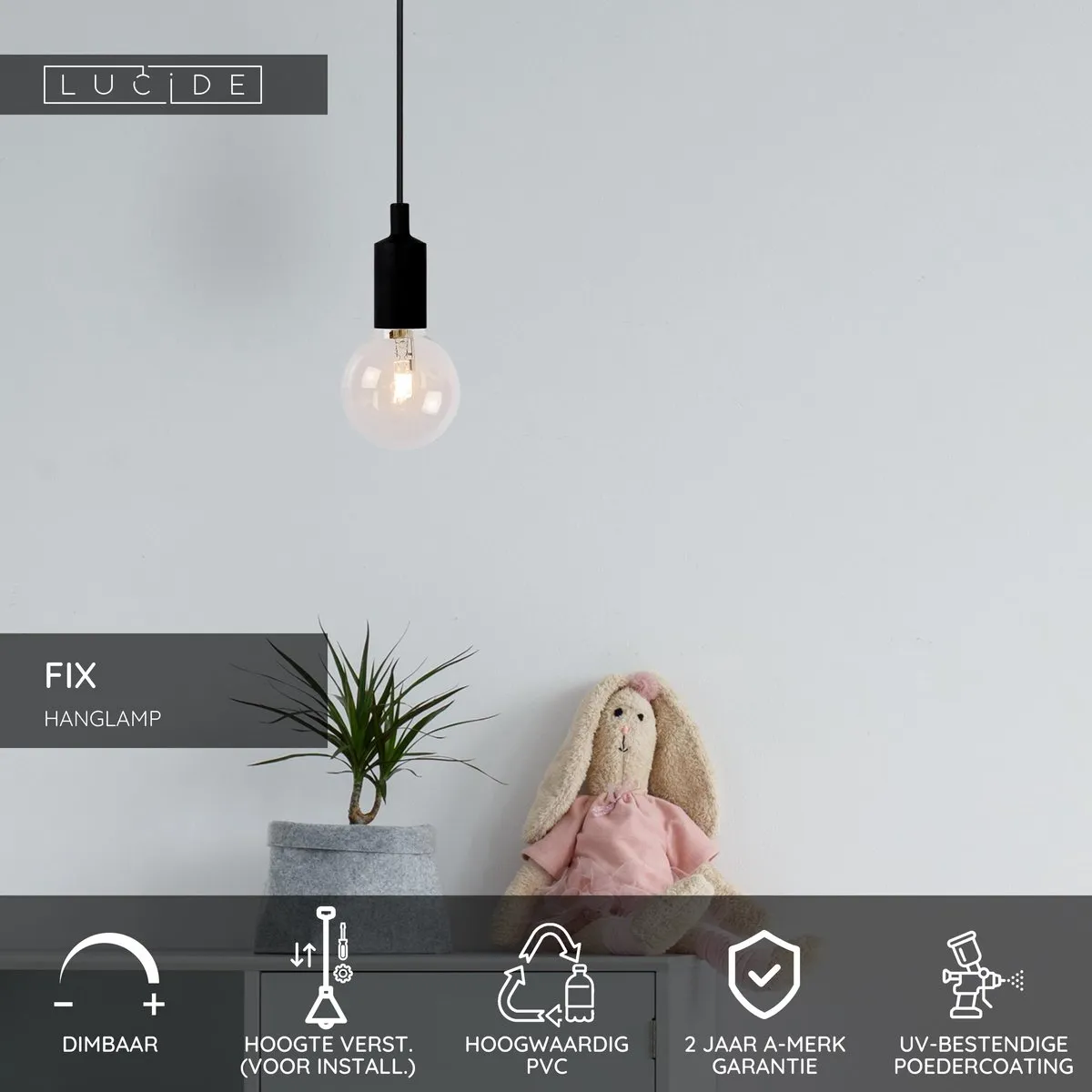 Lucide FIX Hanglamp Ø10cm - 1xE27 - Zwart