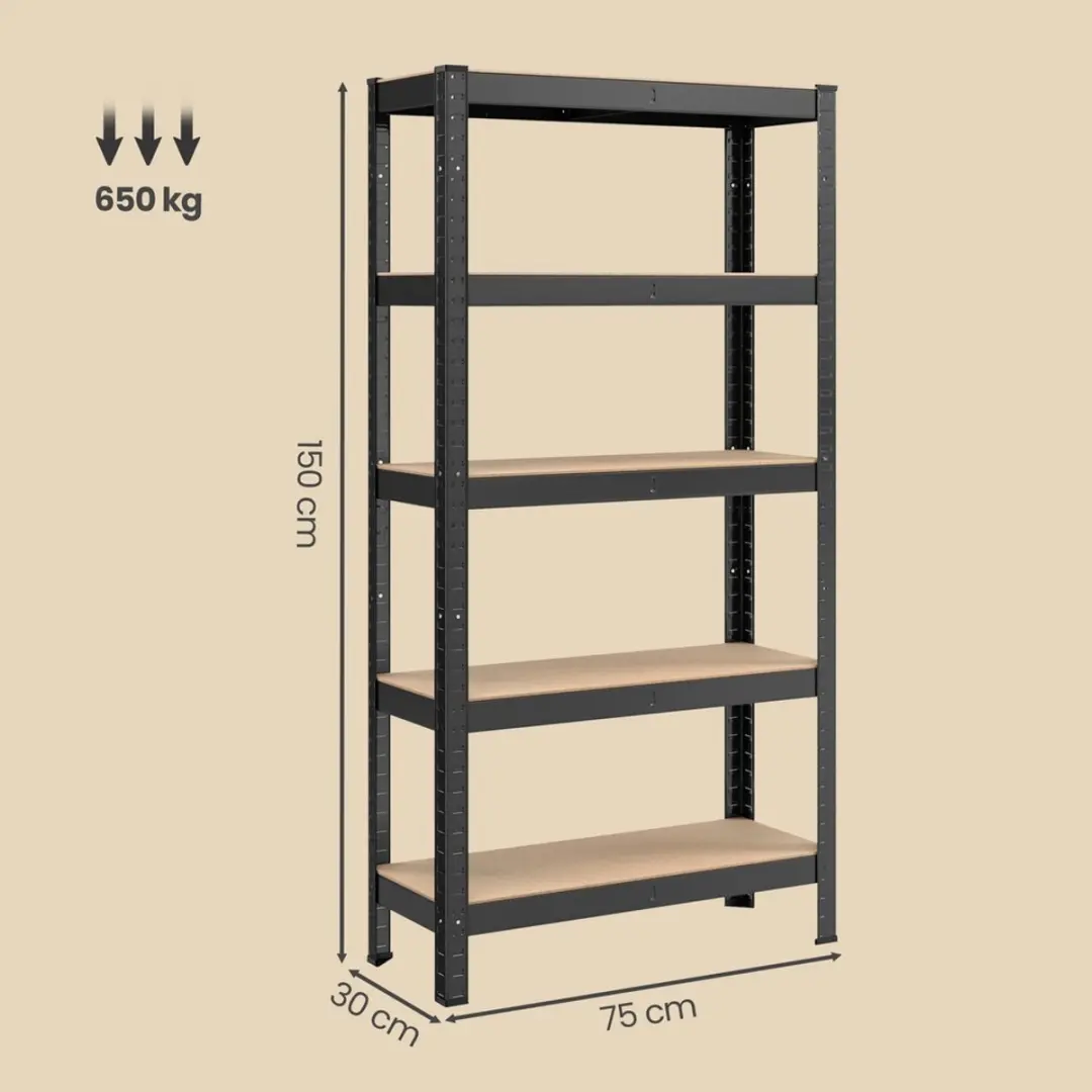 Songmics Stellingkast Opbergrek - 5 Verstelbare Planken - Max 650 kg - Zwart - afbeelding 2 van 6