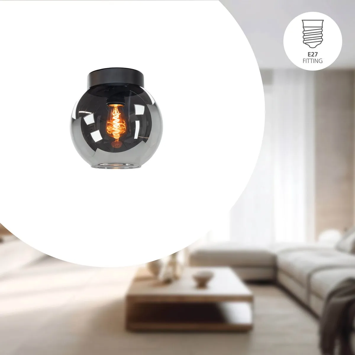 Eglo Centara Plafondlamp E27 - Ø20cm - Zwart/Smoke Glas