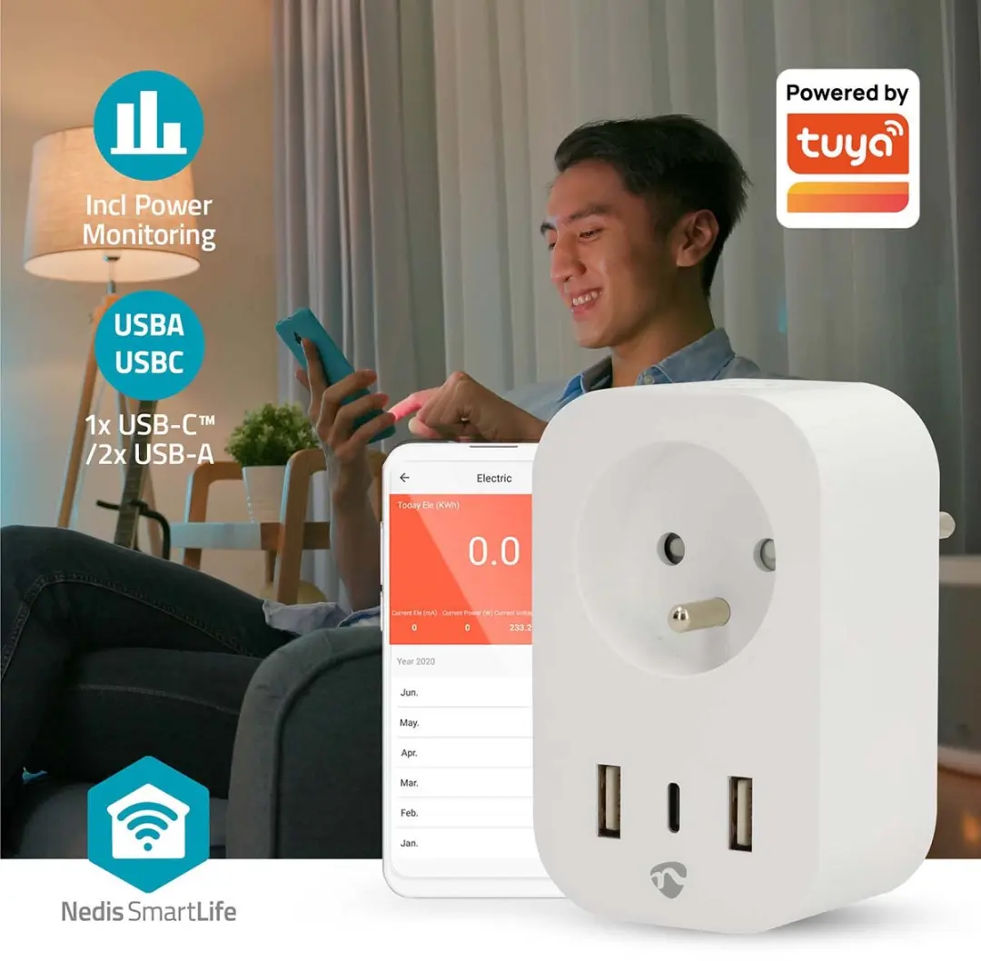 Nedis SmartLife Slimme Stekker USB-C & USB - Energiemeter - Wit