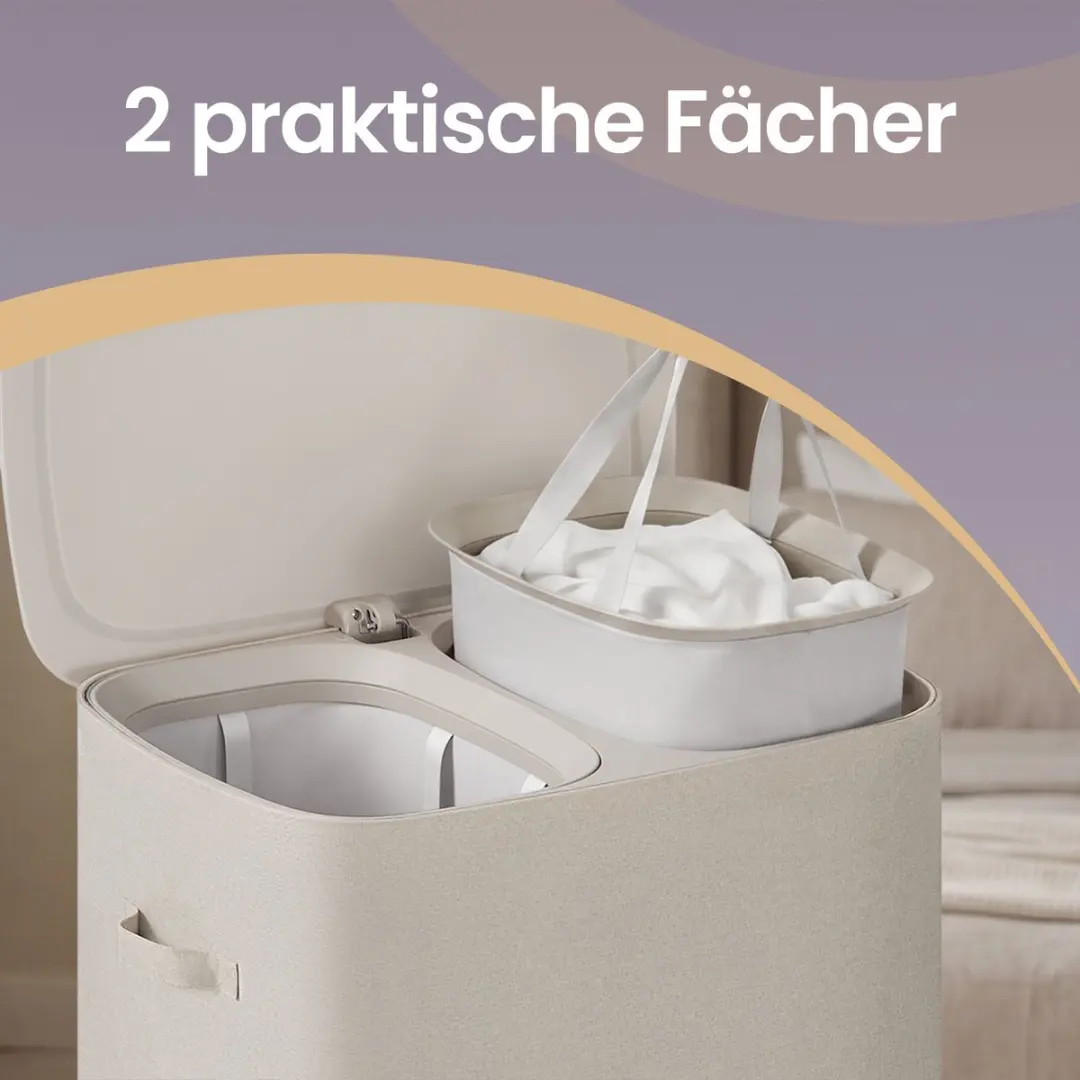Songmics Wasmand met deksel 2 compartimenten - 56x40,5x75cm - Lichtbeige - afbeelding 6 van 6