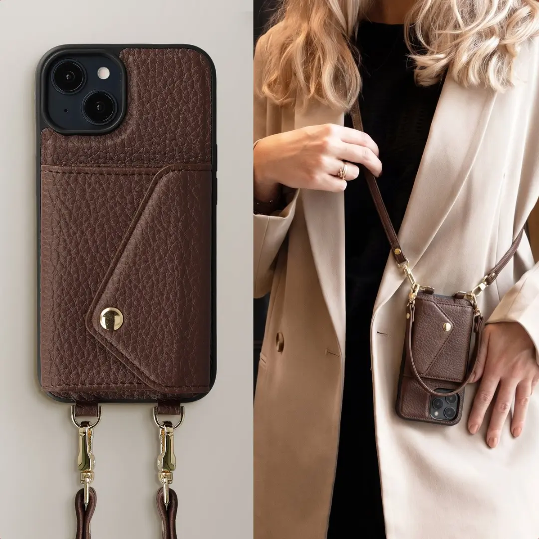 Selencia Koordhoes iPhone 13/14 - 3 Pasjes - Donkerbruin