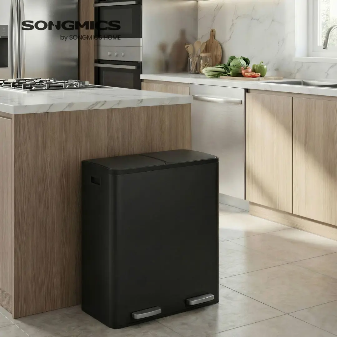 Songmics Pedaalemmer 2x30L Afvalbak - 60L - Zwart - afbeelding 4 van 6