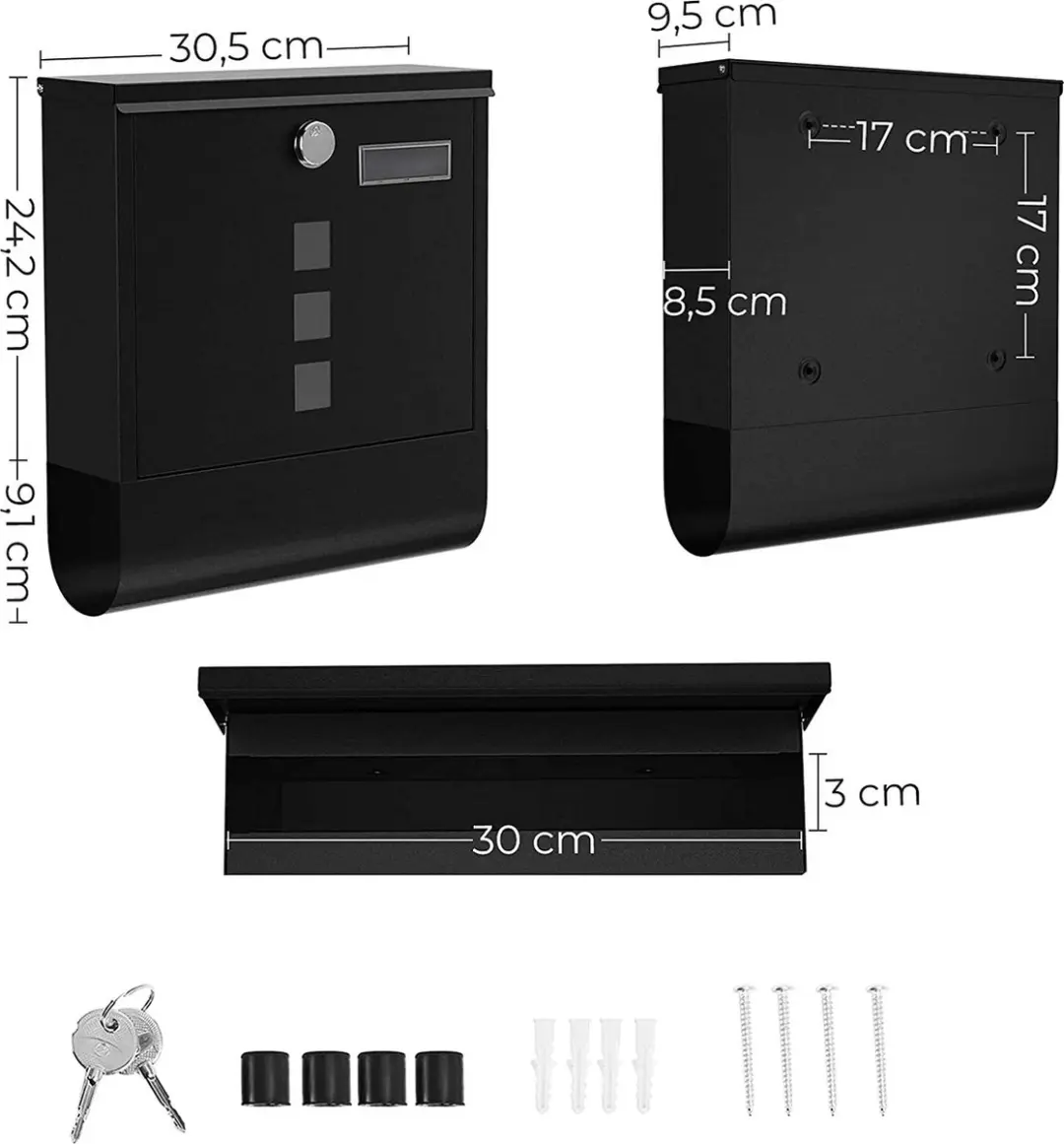 Songmics Wandbrievenbus met slot 10x30,7x33,8cm - Zwart - afbeelding 6 van 6