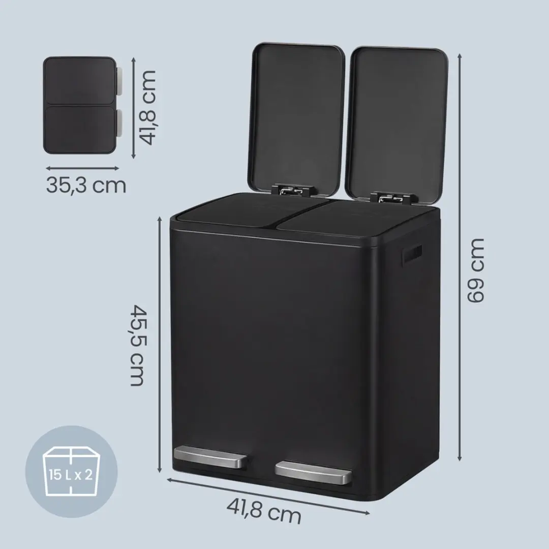 Songmics Afvalbak 2x15L Pedaal - 30L - Zwart