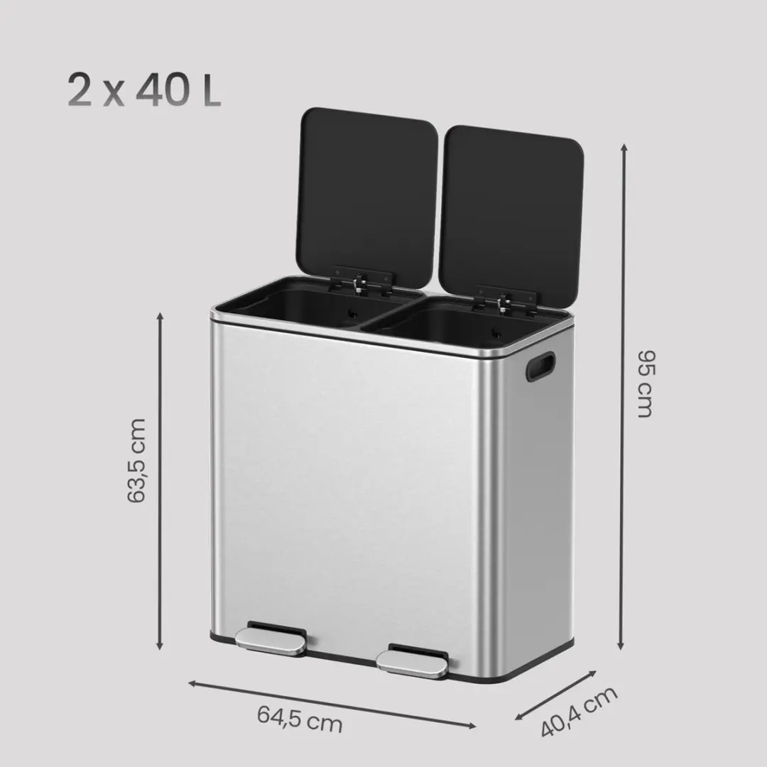 Songmics Prullenbak 80L 2 Compartimenten - 64,5x40,4x63,5cm - Zilver-zwart