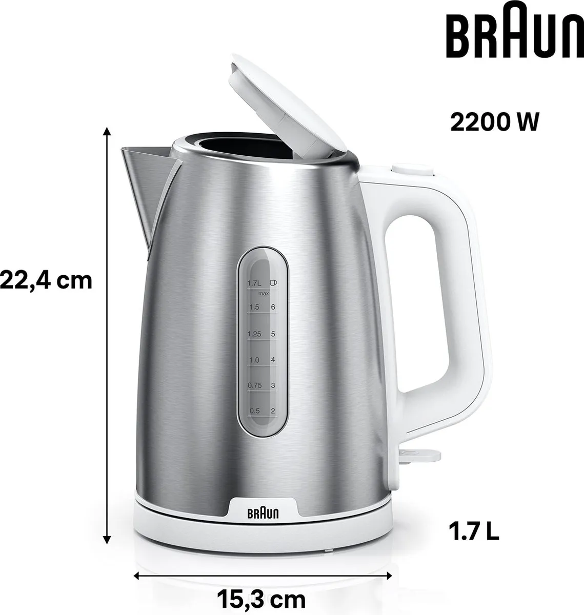 Braun WK 1500 Waterkoker 1,7L - 2200W - Roestvrijstaal/Wit