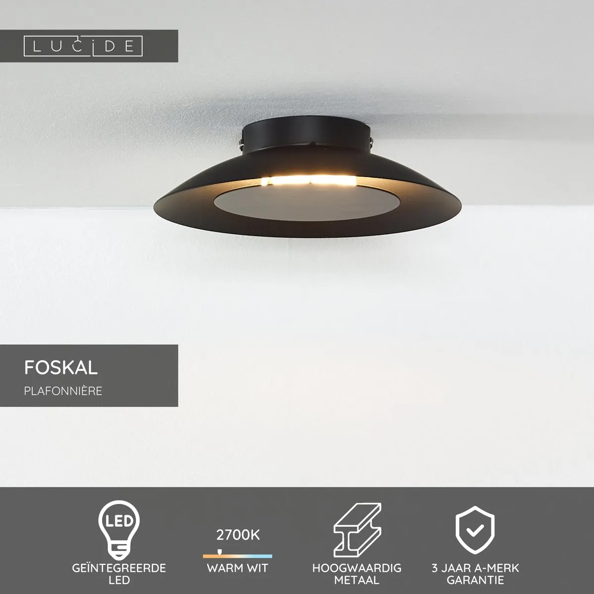 Lucide FOSKAL Plafondlamp Ø21,5cm - 6W 2700K - Zwart