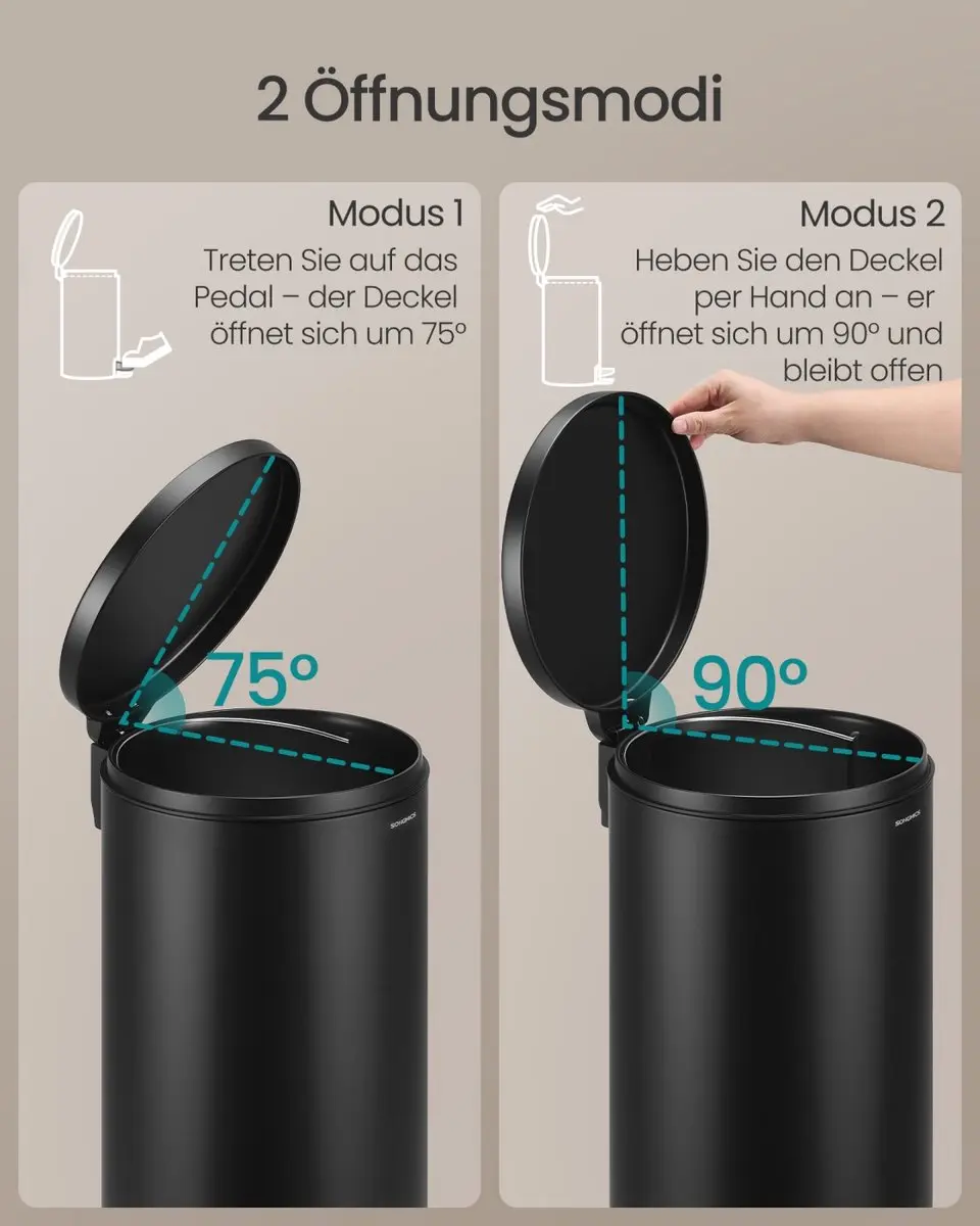 Songmics Ronde Afvalbak 30L - Pedaal - Inktzwart - afbeelding 5 van 6