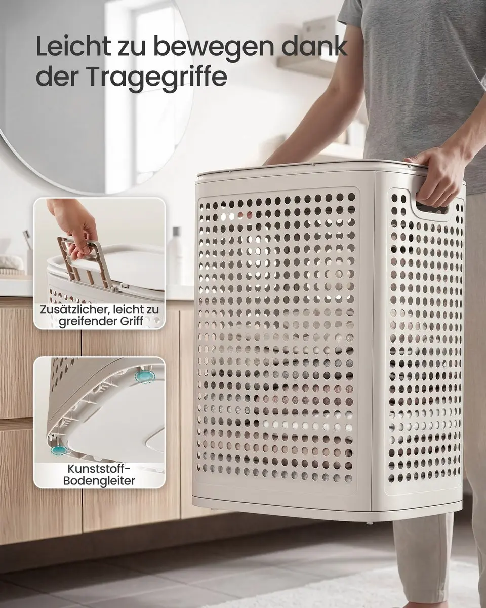 Songmics Wasmand met deksel 75L - 42,5x33x57cm Cappuccinobeige