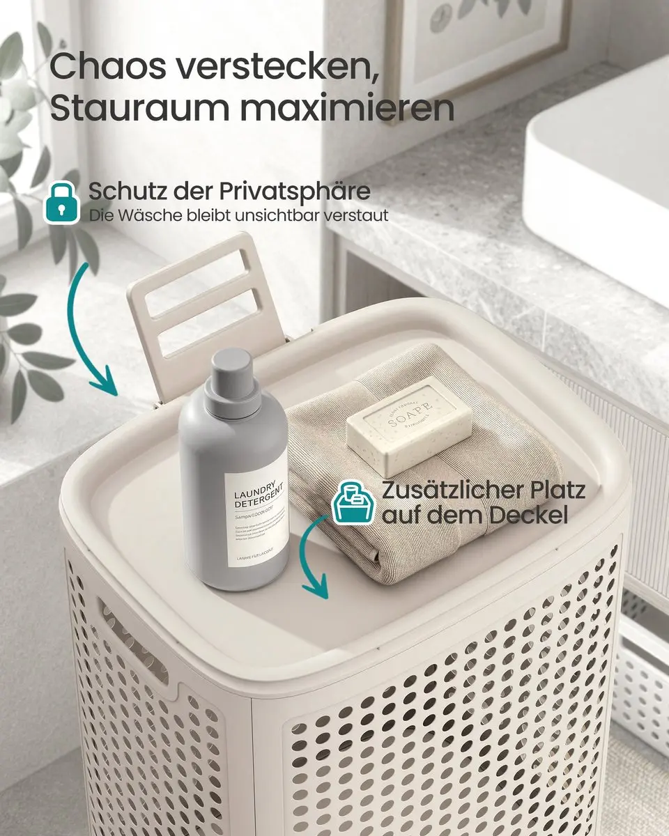 Songmics Wasmand met deksel 75L - 42,5x33x57cm Cappuccinobeige