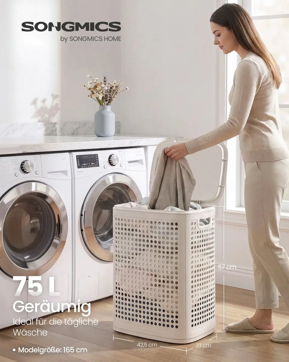Songmics Wasmand met deksel 75L - 42,5x33x57cm Cappuccinobeige