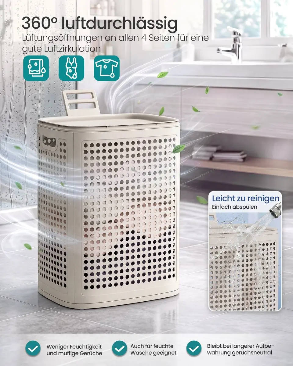 Songmics Wasmand met deksel 75L - 42,5x33x57cm Cappuccinobeige