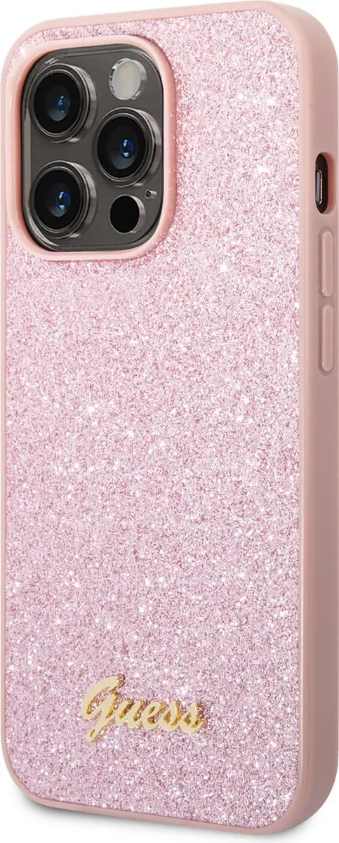 GUESS Hoesje iPhone 14 Pro Max Glitter Script Roze - 3666339065072