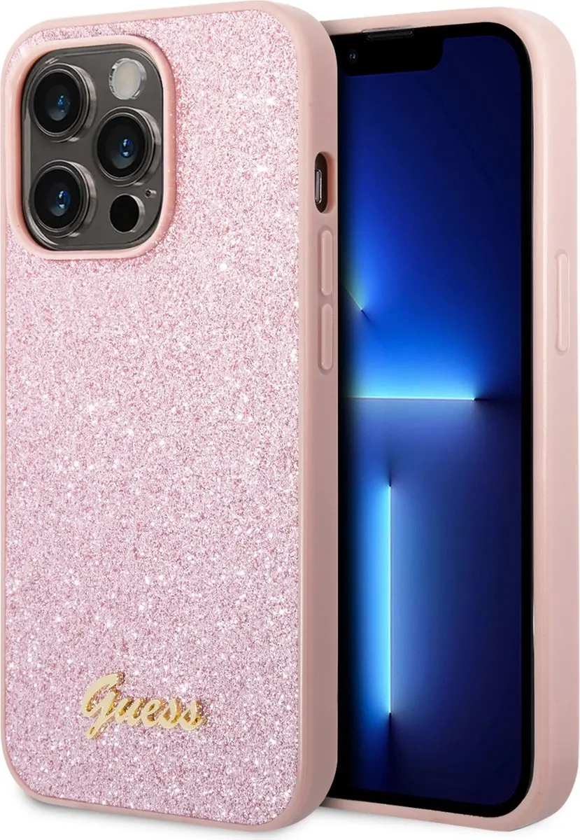 GUESS Hoesje iPhone 14 Pro Max Glitter Script Roze - 3666339065072