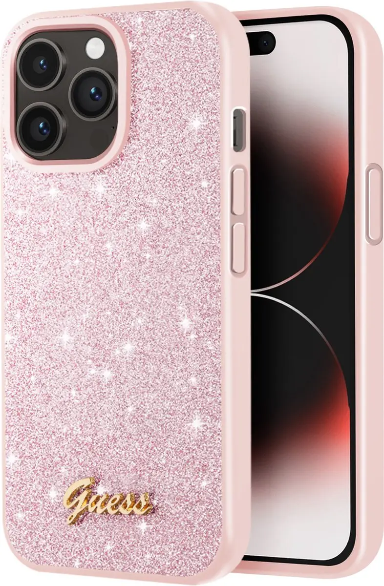 GUESS Hoesje iPhone 14 Pro Max Glitter Script Roze - 3666339065072