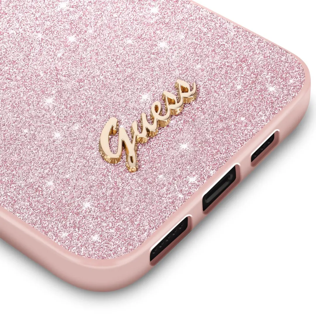 GUESS Hoesje iPhone 14 Pro Max Glitter Script Roze - 3666339065072