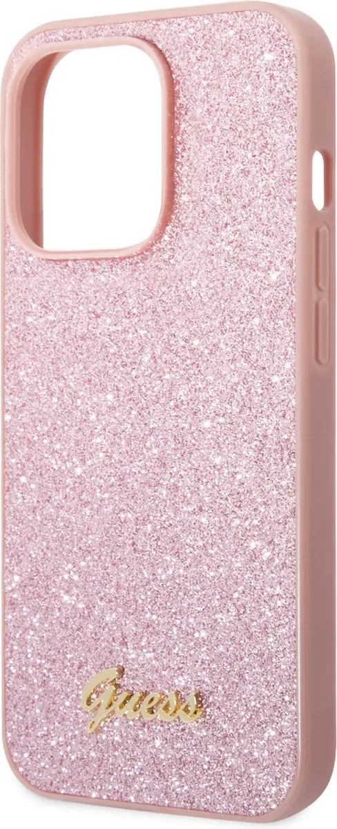 GUESS Hoesje iPhone 14 Pro Max Glitter Script Roze - 3666339065072
