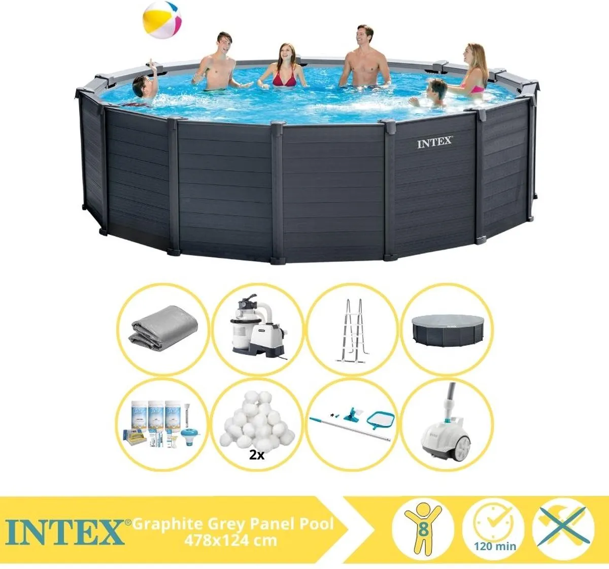Intex Graphite Gray Panel Zwembad 478x124cm - 16.805L - MPN 26384GS