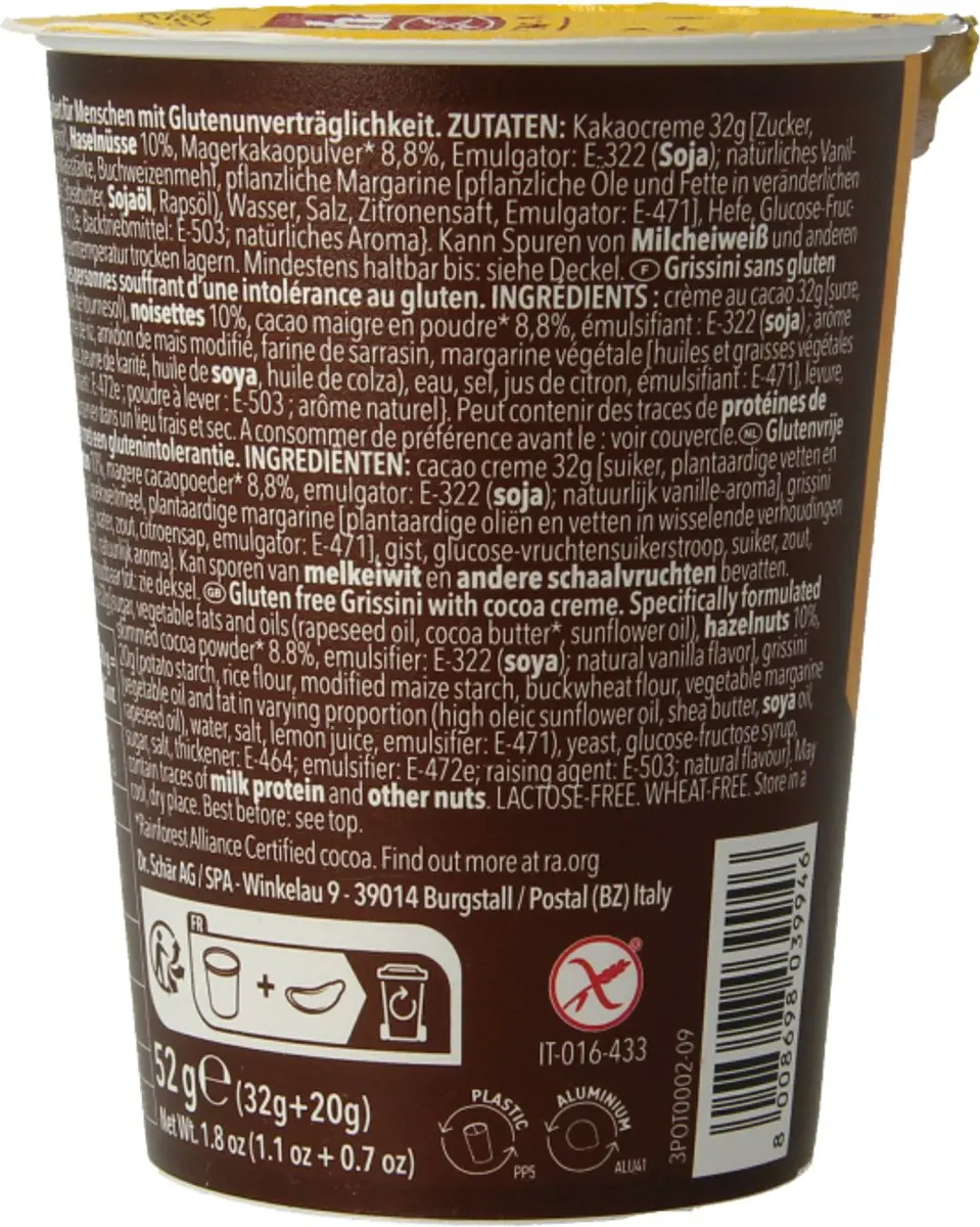 Schar Milly Grissini & Chocolate Sticks Glutenvrij 52g