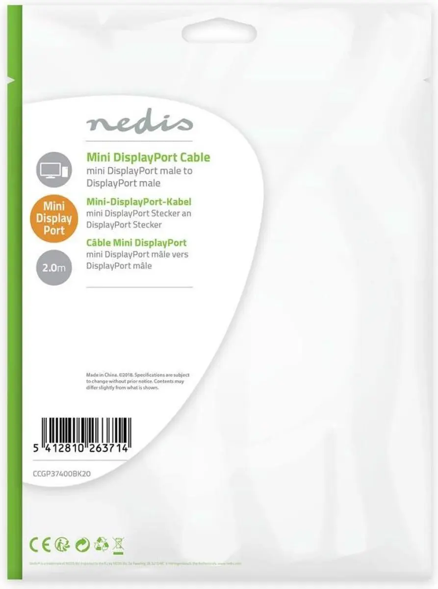 Nedis Mini DisplayPort Kabel CCGL37400BK20 - 2m - Zwart