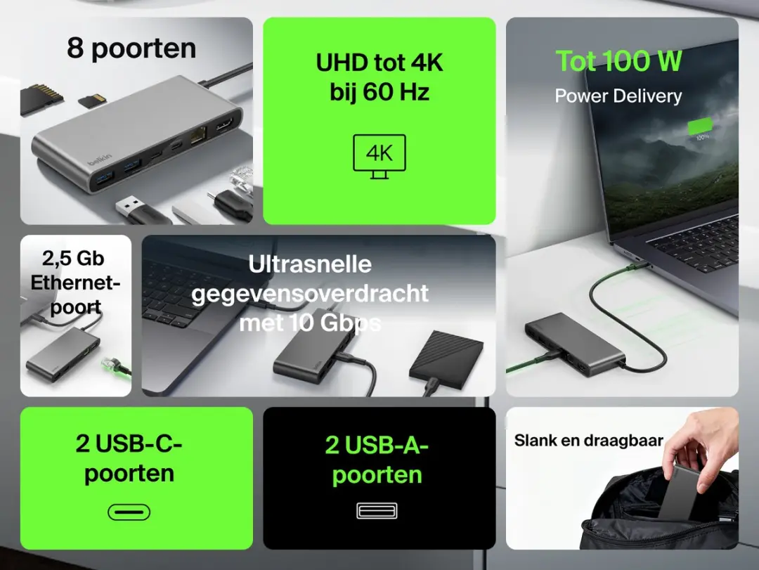 Belkin Connect 8-in-1 USB-C Hub INC024HQSGY - 4K 60Hz HDMI - 2,5Gb Ethernet - 100W PD - Grijs