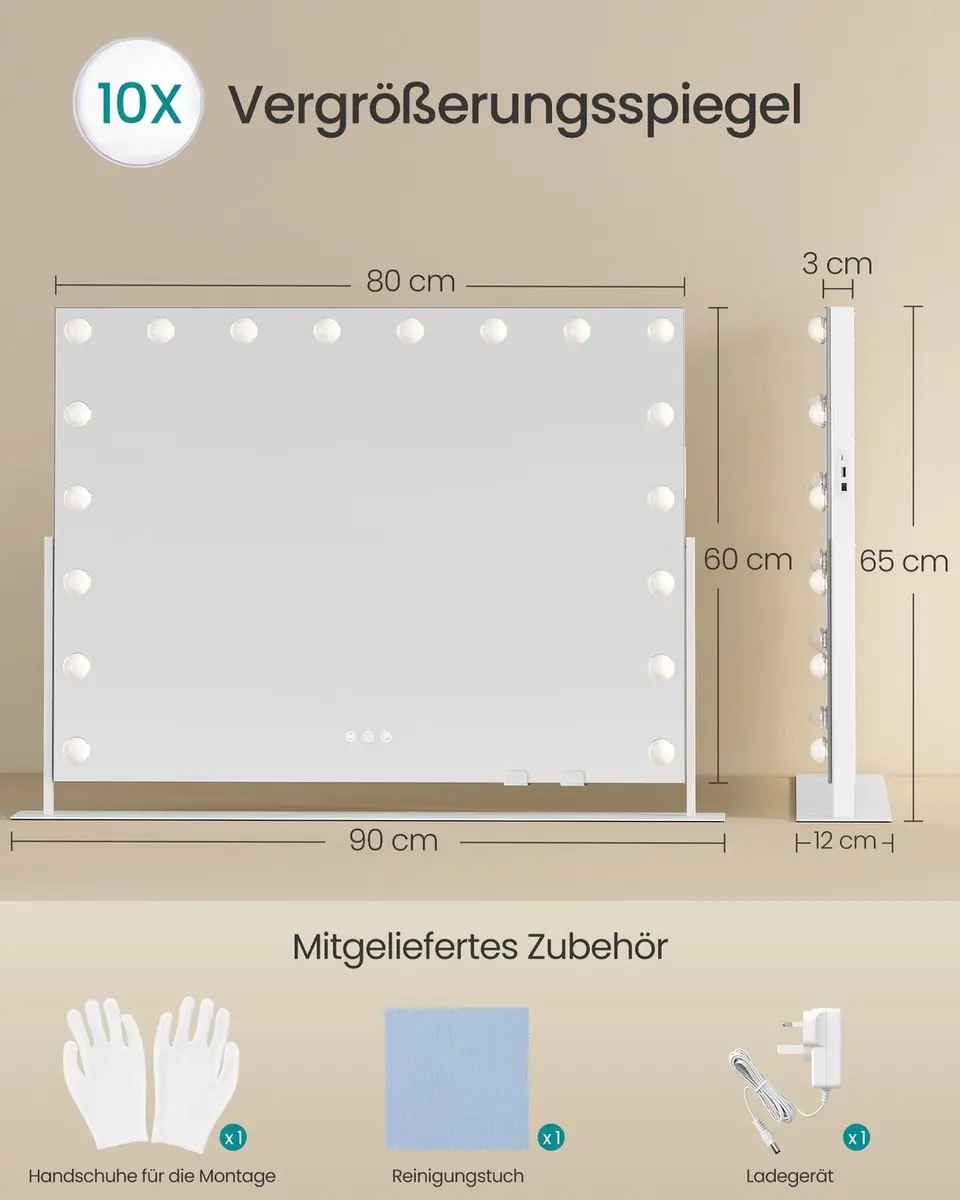 Songmics Make-upspiegel 58x43cm - 15 LED Verlichting - Mat Wit - afbeelding 5 van 6