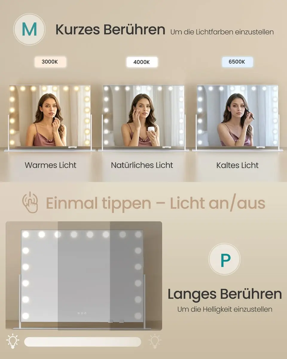 Songmics Make-upspiegel 58x43cm - 15 LED Verlichting - Mat Wit - afbeelding 3 van 6