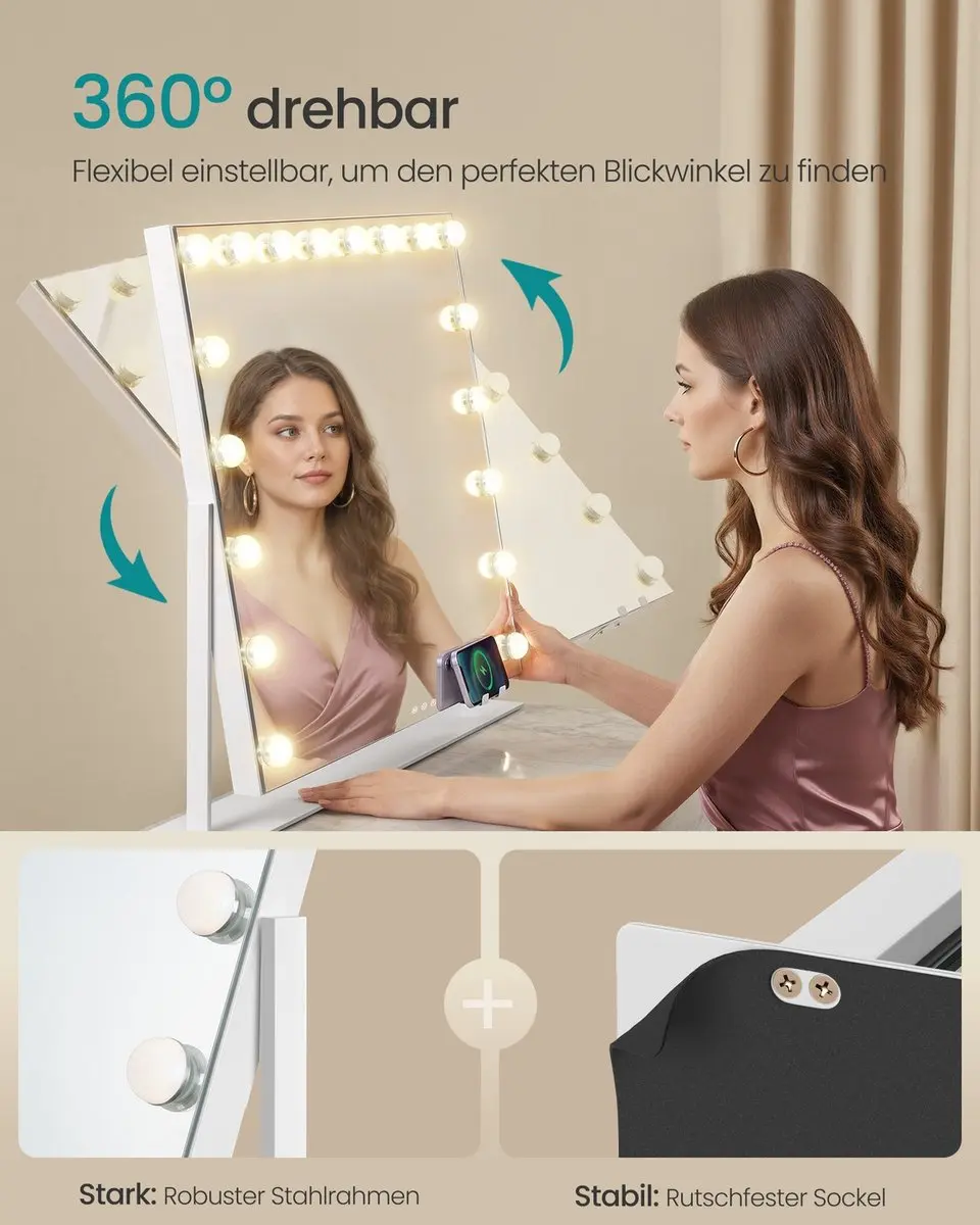 Songmics Make-upspiegel 58x43cm - 15 LED Verlichting - Mat Wit - afbeelding 4 van 6