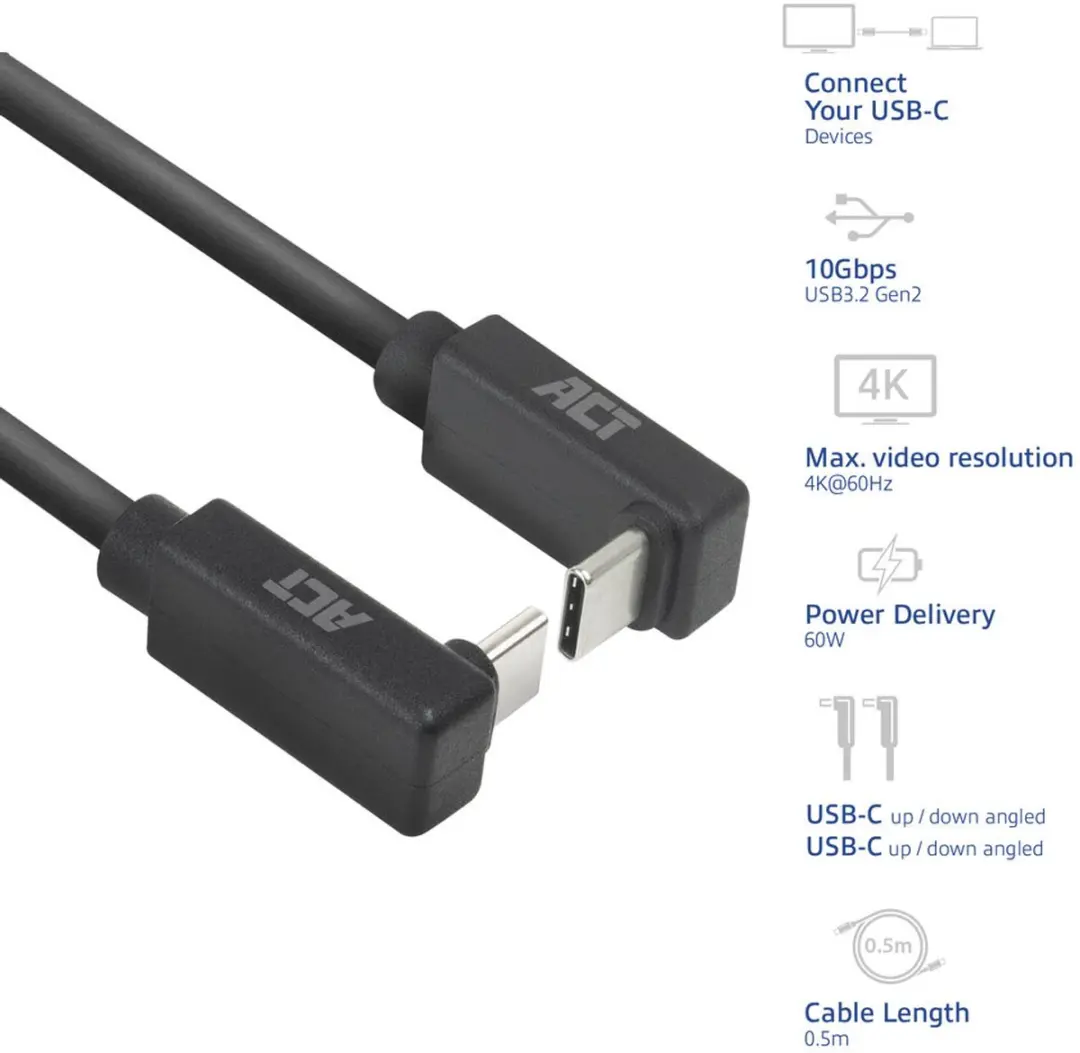 ACT AC7476 USB-C Kabel 10Gbps 60W 0,5m - Zwart